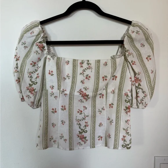 Reformation Arancini Linen Puffed Sleeve Top in Heath Floral, Size 4 - Picture 5 of 9